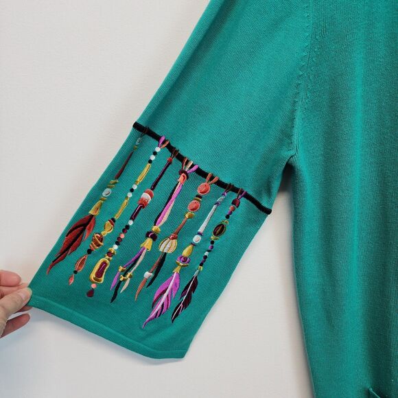 Bob Mackie Wearable Art Cardigan Sweater Size XL Green Dreamcatcher Embroidered - Picture 9 of 16